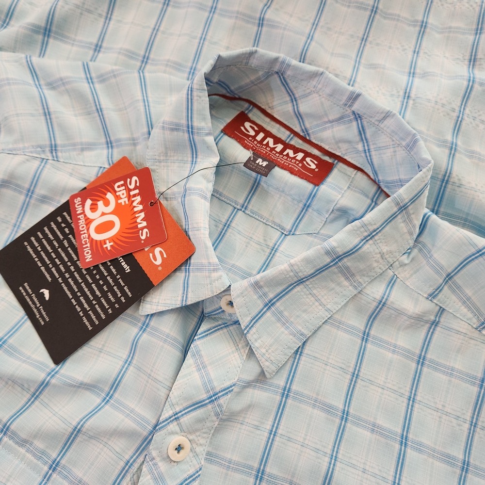 Simms Stone Cold SS Fishing Shirt Mens Medium Mist Plaid UPF 30 Short Sleeve NEW